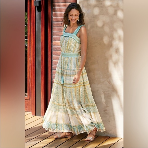 Soft Surroundings Dresses & Skirts - Soft Surroundings Aegean Tiered Boho Maxi Dress Metallic Gold Aqua Blue Cream M